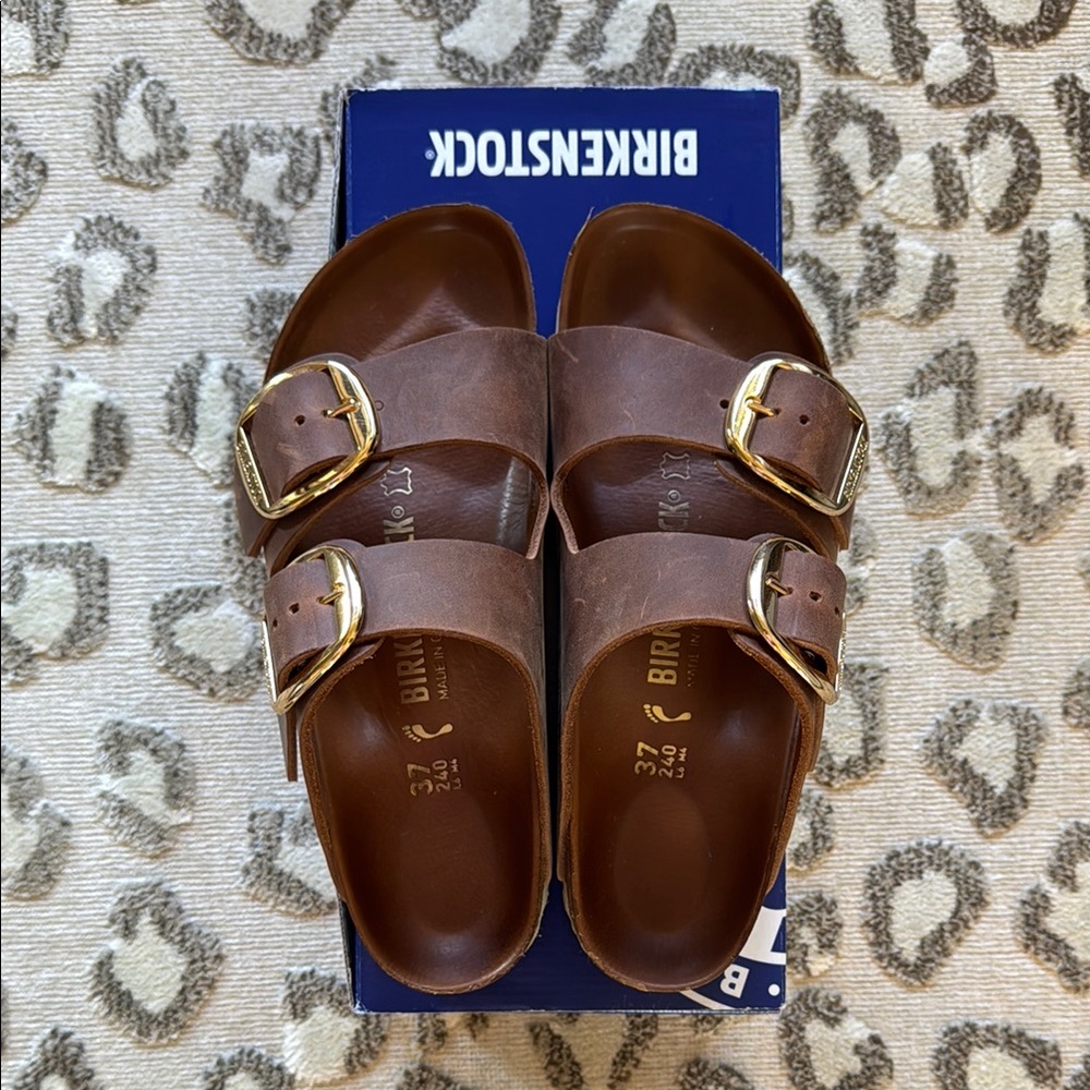 Women’s Birkenstock Arizona Big Buckle sandal in cognac oiled leather.